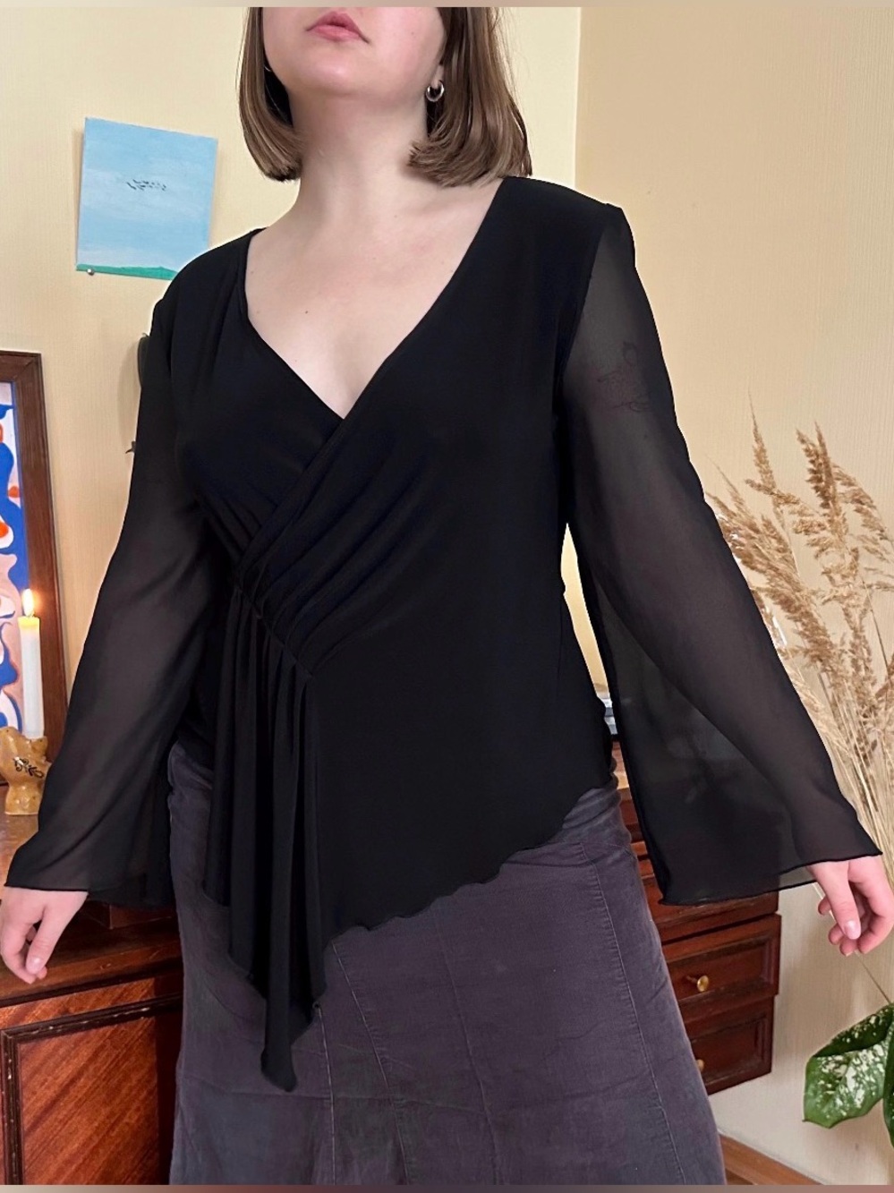 Whimsigoth Euro Avant Garde Asymmetrical Sheer Black Bell Sleeve Blouse L/XL